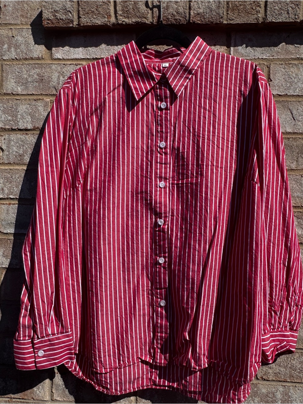 Amazon Women's Red and White Striped Button-Down Shirt